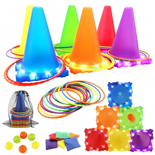 VATOS Light Up Wurfspiele Outdoor Spiele Gartenspiele für Kinder 3 4 5 6 Jahre, Ball & Ring & Bean Bag Toss Spiel Set, Wurfspiel Gartenspielzeug Spiele für Draussen Outdoor Spiele Spielzeug für Kinder