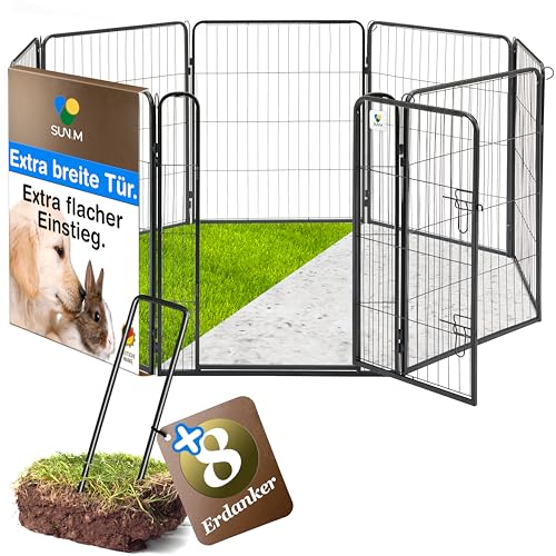 SUN-M Welpenauslauf 80 cm hoch mit Tür, 8-teilig & faltbar, Freilaufgehege für Hunde & Welpen, werkzeugfreier Aufbauen, inkl. Erdanker & Steckbolzen, Outdoor Welpenzaun stabil