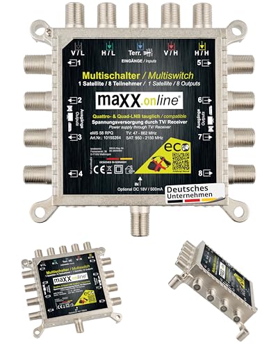 maxx.onLine Multischalter 8 Teilnehmer & 1 Satellit, Quad- & Quattro LNB tauglich, kein Netzteil notwendig, DVB-S Multiswitch 5/8 mit eco Sparmodus