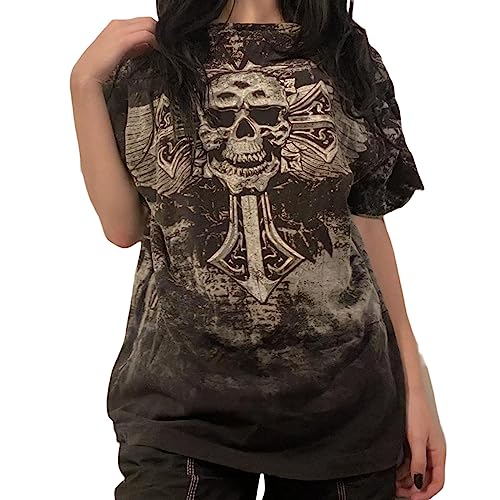 Nicoxijia Damen Y2K Kurzarm-Top Shirt Fee Grunge-Grafikdruck T-Shirts Vintage ästhetisch bauchfrei Gothic Streetwear 2D-Dunkelgrau Small