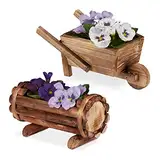 Relaxdays Pflanzengefäß Holz, 2 Stück, Pflanzschubkarre & halbes Blumenfass, Gartendeko, zum Bepflanzen, rustikal, Natur