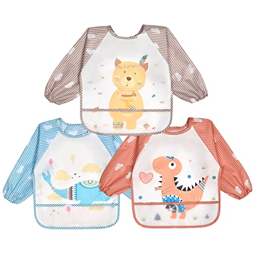 Vicloon Baby Lätzchen mit Lange Ärmeln,3PCS Ärmellätzchen Wasserdicht,Süßer Tierstil Baby Bibs Set für Essen Kunst Handwerk Malerei Bemalen Spielen für 6-24 Monaten