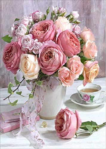 Meecaa Kreuzstich-Set, 11-fädig, geprägt, Blume, Rose, Kaffee, Stickset mit Zubehör, vorgedruckt (36 x 46 cm) (Blume)