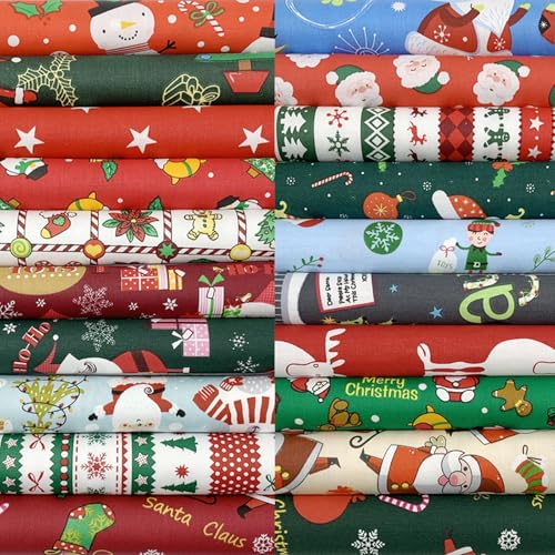 EDGEAM 20 Stück Baumwollstoff Weihnachten 25x25 cm, Patchwork Stoffe, für Quilting, Weihnachtsdekoration Nähen, Scrapbooking, DIY Handwerk (Weihnachtsfarben)