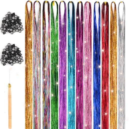 Hair Tinsel,48 Inches Haar Lametta mit Werkzeug,12 Farben Glitzer Haarsträhnen zum Flechten Haar Lametta,Sparkle Tinsel Hair Extensions für Frauen Mädchen Kinder Cosplay Party Zubehör
