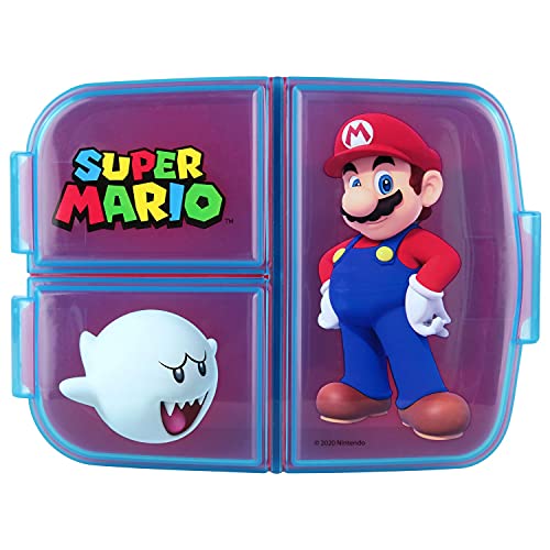 p:os Super Mario Brotdose für Kinder mit 3 Fächern, Lunchbox aus Kunststoff mit Clip-Verschlüssen, Vesperdose für Kindergarten, Schule und Freizeit, Mehrfarbig