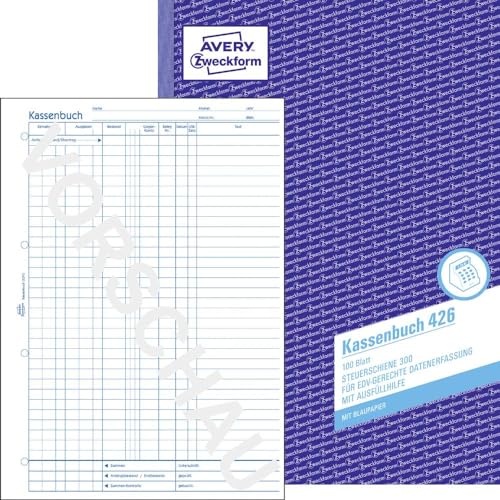 AVERY Zweckform 426 Kassenbuch (A4, 100 Blatt, 1 Blatt Blaupapier, nach Steuerschiene 300, EDV-gerechte Datenerfassung, von Rechtsexperten geprüft, für DE, ordnungsgemäße Buchführung) weiß