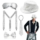 Xerteam Glitzer Outfit Herren, Pailletten Kostüme Herren mit Glitzer Hut Fliege Krawatte Y-Back Hosenträger Silber Gläser, Disco Kostüm Accessoires für Fasching Disco Retro-Party (Silber Pailletten)