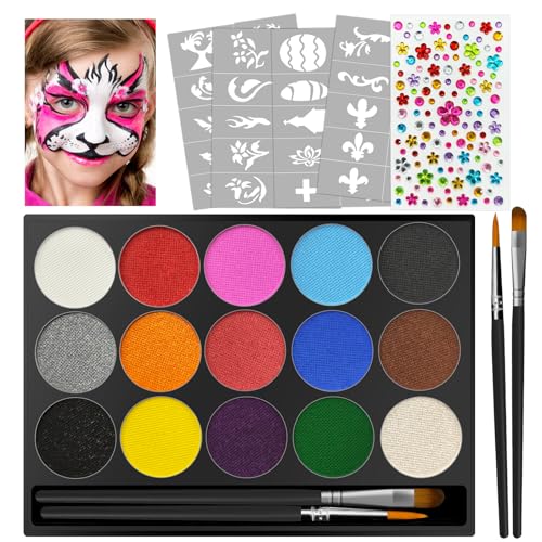 Jsdoin Kinderschminke Set, Waschbar 15 Farben Schminkfarben Schminkpalette für Kinder und Erwachsene, Ostern, Kinderschminke Fasching mit 2 Pinsel, 40 Tattoos Vorlagen und Glitzernde Perlenaufkleber