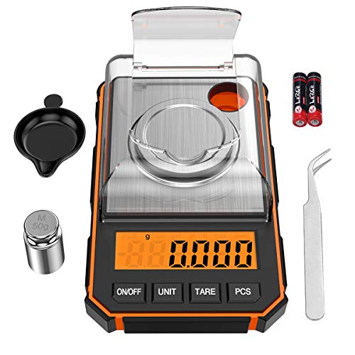 ORIA Digitale Feinwaage 0,001g, Milligramm Waage 50g / 0,001g, Präzise Taschenwaage mit LCD-Anzeige, Lab Digitale Waage, Tragbare Mini-Waage mit Wiegeschale, Kalibriergewichten und Pinzette - Orange