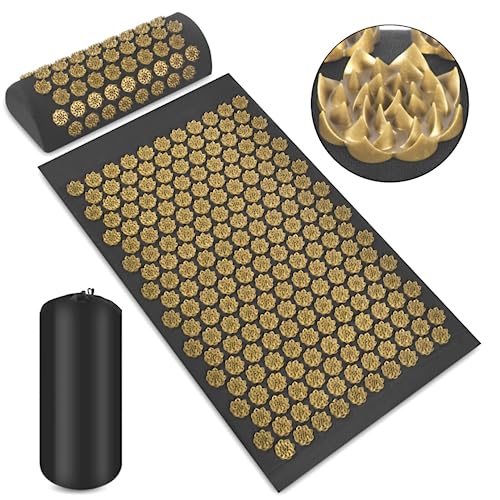 Schwarz-Gold Lotus Design Akupressur Gesundheitsset - Hochwertiges Akupressur-Matte und Kissen Set für natürliche Entspannung und Schmerzlinderung