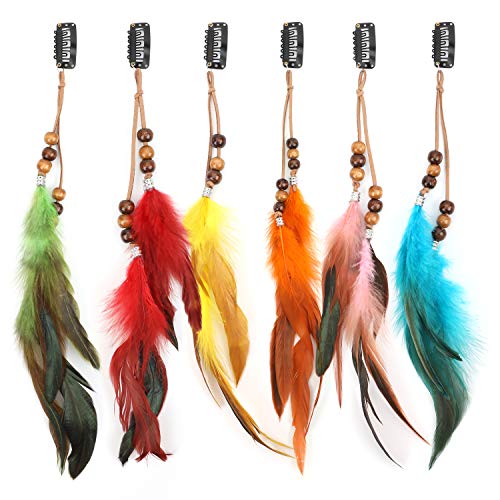 MWOOT 6 Stück Federn Haarextensions, Kopfschmuck Haarverlängerung mit Federn, Boho Haarschmuck für Faschingskostüm Karneval Halloween Verkleiden Damen Cosplay Haardeko Zubehör Bunt Feder Haarspangen