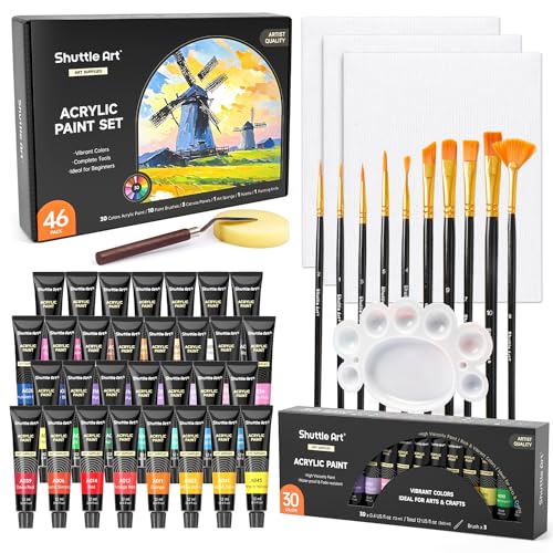 Shuttle Art Acrylfarben Set, 46 teiliges Acryl Farben Set, 30 Acrylfarben (je 12ml), 10 Pinselset, 3 Leinwände, 1 Spachtel, 1 Palette, 1 Schwamm, Acrylfarbe wasserfest für Kinder, Erwachsene geeignet