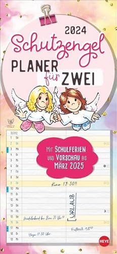 Schutzengel Planer für zwei 2024. Wandplaner für 2. Partnerkalender mit 2 Spalten. Terminkalender mit niedlichen Cartoon-Engeln. Wandkalender für 2 Personen.