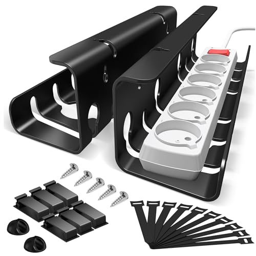 Kabelkanal Schreibtisch fürs Kabel Management - 2er Set Edelstahl Kabel Organizer Schreibtisch - Inkl. Zubehör - Kabelmanagement Schreibtisch - Cable Organizer Desk, Schwarz