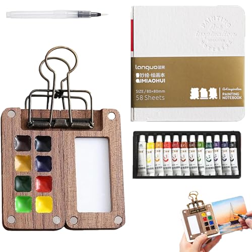 Mini Palette, Mini Aquarell Set, Aquarell Set Pocketartist Travel Set Mit Binder-Clips für Maler, Künstler, Studenten (1 Palette, 1 Zeichnungsbuch, 1 Füllfederhalter, 1 Kasten Farbe)