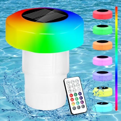 Vankarr Großer Dosierschwimmer für bis zu 200g Chlortabletten Solarlicht LED 16 Farben Pool Dosierer Chlorspender Pool Schwimmer mit Fernbedienung einstellbar faltbar Chlortabletten Dosierer