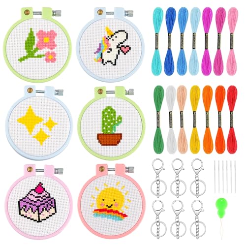 DAERLE 6 PCS Sticken Set Erwachsene, Stickset für Anfänger Heilung, Embroidery kit Enthält Stickrahmen, gemusterter Stoff, Nadeln, Einfädler, Schlüsselanhänger für Nähanfäng für DIY Kunst Handwerk