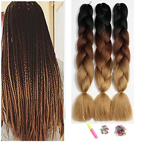 ShowJarlly Braids Extension,Kanekalon Kunsthaar Zum Einflechten Haar,Braun Ombre Jumbo Braid Haarverlängerung 24"Kunsthaar Zum Einflechten Zöpfe Box Braid Schwarz/Dunkelbraun/Hellbraun