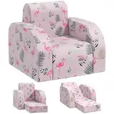 AIYAPLAY Kindersessel, 2 in 1 Klappbar Kindersofa mit Liegefunktion, Flamingo-Muster, Gepolserter Kinderstuhl für Kinder ab 1,5 Jahre, Kinderzimmer, Spielzimmer, Rosa