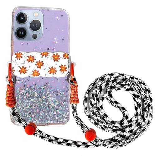 Rnrieyta Miagon Handykette Hüll für iPhone 12 Pro Max Glitzer Durchsichtig Case mit Universal Blume Telefon Clip Kordel zum Umhängen Handyanhänger Halsband Lanyard