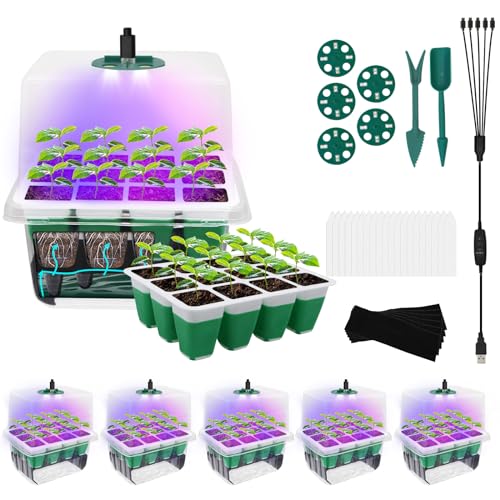 MYMULIKE Zimmergewächshaus Anzuchtkasten mit Pflanzenlampe, Mini Gewächshaus Klein Anzuchtset, Selbstbewässernd 5 Stück 60 Zellen Setzlingstöpfe aus Silikon, Wiederverwendbar Anzuchtplatte