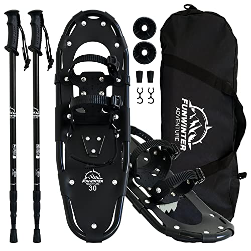 Tuxedo Sailor Leichte Schneeschuhe Aluminium mit Trekkingstöcken und Tragetasche, Bergausrüstung Wandern auf Schnee, rutschfest, für Damen, Herren, Jugendliche, Kinder, 30'', Schwarz