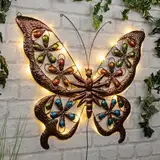 Solar Wandbild Schmetterling in Bronze mit 24 LED - 61 x 52 cm - Metall Wand Deko für Außen warm weiß beleuchtet - Gartendeko Wandleuchte Stimmungslicht für Außen