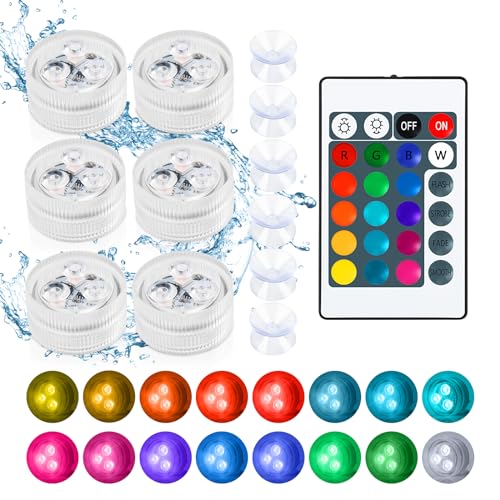 LED Teelichter 6 Stück, 4 Modi 16 Farben RGB, Mini LED Lichter Wasserdicht, Unterwasser LED Licht, LED Kerzen, IP68 Wasserdicht, mit Fernbedienung 6 Saugnäpfen, für Aquarium Pool Teich Garten Party