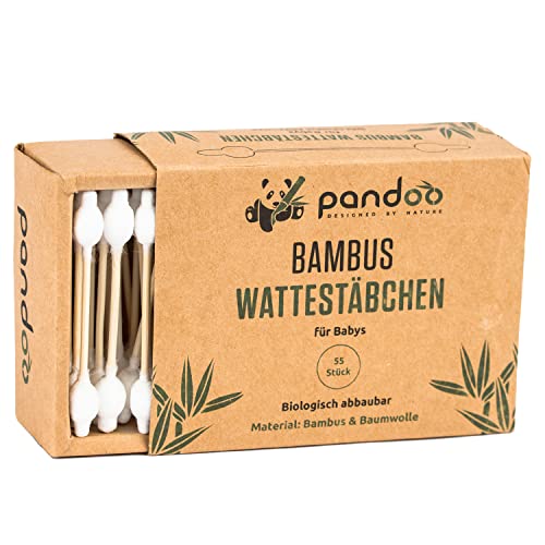 pandoo 4er Pack Bambus Wattestäbchen mit großem Sicherheitskopf (220 Stück) | Biologisch-Abbaubar, Vegan, Plastikfrei, Holzfrei & Nachhaltig | Ohrenstäbchen für Babys und Kinder