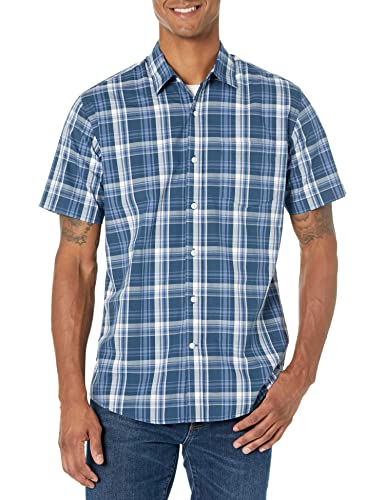 Amazon Essentials Herren Kurzärmeliges Hemd aus Popeline, Normale Passform, Marineblau Mittlere Karo, XXL