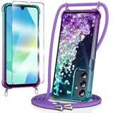 Handykette für Samsung Galaxy A16 Hülle mit Band mit Schutzfolie,Bling Silikon Durchsichtig Transparent Flüssig Glitzer mit Kette Kordel Treibsand Necklace Schutzhülle Case, Lila