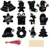 Kiiwah 36 Stück Weihnachten Kratzbilder für Kinder, Weihnachten Kratzpapier Regenbogen Scratch Art mit 36 Bändern und 12 Holzstiften für Kinder Basteln, Weihnachtsan Geschenkan, Weihnachtsbaumschmuck