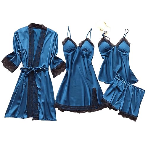 Pyjama Damen Set 4Teilig - Schlafanzug Damen Kurz Set Sexy Nachthemd Mit Spitze Unterwäsche Spaghettiträger Bademantel Erotik Negligee Elegante Schlafshirt Große Größen Morgenmantel-Loungewear