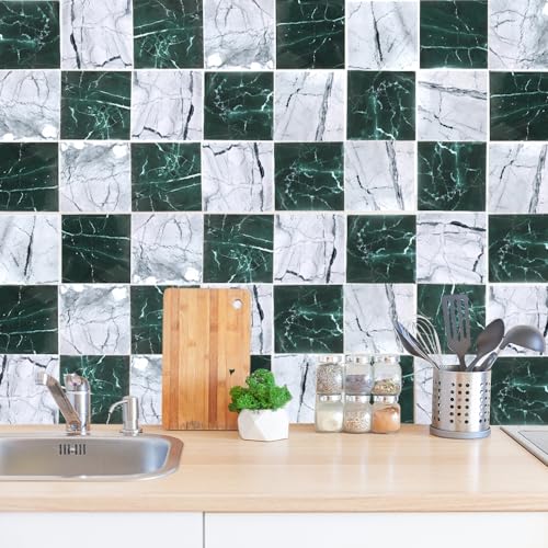 ADERTOS 50 Stk Fliesenaufkleber Marmor Fliesen Aufkleber 15*15cm PVC Wandfliesen Aufkleber Fliesenfolie Dunkelgrüne und Hellgraue Fliesensticker Selbstklebend Marmor Klebefolie für Badezimmer, Küche