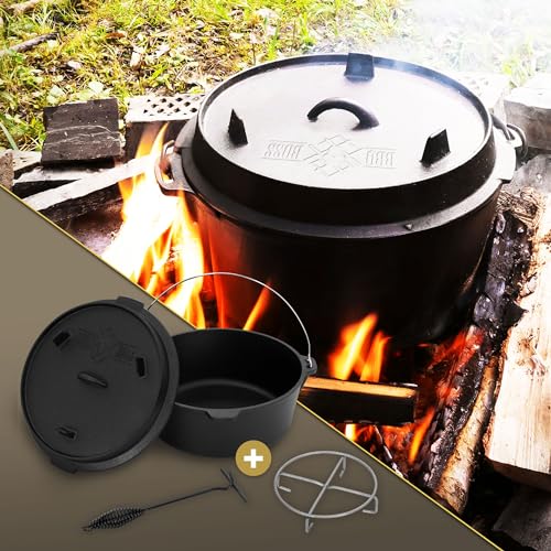 BBQ#BOSS Dutch Oven Set BBQ 13,6 Liter, Eingebrannter Feuertopf aus Gusseisen, Kochtopf mit Deckelheber und Edelstahluntersetzer, Schmortopf mit Schlitz für Themormeter, Grilltopf für Outdoor & Indoor