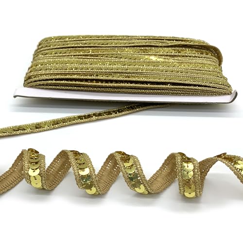 DHER 25 Meter langes Pailletten-Dekorband, 12 mm Paillettenband, Glitzer Paillettenband Paillette Trim Bänder Pailetten Bordüre Stoff Paillettenbesatz, glitzerndes Paillettenband (Gold)