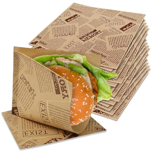 50 Stück Lebensmitteltüten, 18x18cm Hamburgertasche Sandwich-Tüten, Snackbeutel mit Oldnews Aufdruck, 100% Recyclebar Partytüten aus Papier, Fettdicht Speisetüten, Snack-Tüten für Burger und Pommes