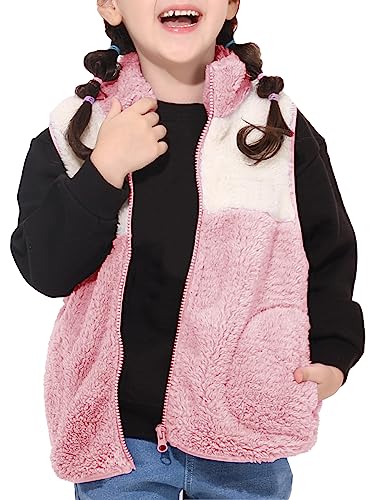 Haloumoning Mädchen Jacke Ärmellose Sherpa Teddy Fleece Kinder Weste Niedliche Jacke mit Taschen Reißverschlüsse,Rosa,7-8Jahre