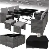 tectake® Outdoor Balkon Gartenmöbel Set, Lounge mit 6 Stühlen, 4 Hocker und 1 Tisch, Poly Rattan Geflecht, wetterfest, platzsparend - grau