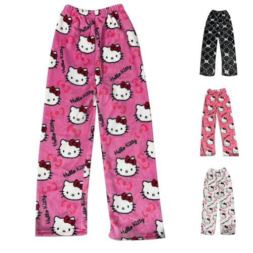 Hello Kἰtty Schlafanzughose Damen Lang Hosen Flanell Pyjama Schlafhose Baumwolle Warm Kawaii Pyjama Schlafanzug Weich Anime Winter Kuschelhose Lustige Geschenke Rosa M