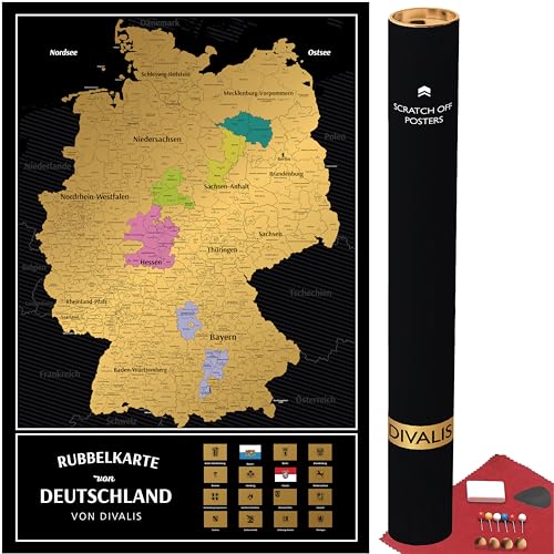 Rubbelkarte von Deutschland mit Kratzerset - Rubbel Landkarte von Deutschland - Poster als Geschenk - Deutschlandkarte in Schwarz und Gold - Scratch off Germany Map Poster