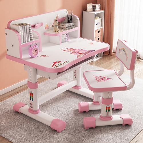 Kinder Tisch Stuhl Set, Kinderschreibtisch Höhenverstellbar,Schreibtisch Kinder Mädchen Mädchen & Jungs,Karikatur Kinder Schreibtisch, Kinderschreibtisch Mit Stuhl und Schublade (Rosa)