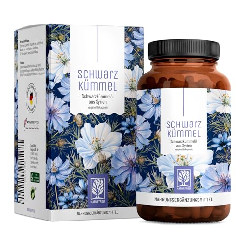 NATURTREU® Schwarzkümmelöl Kapseln hochdosiert mit Vitamin E - 1000mg pro Tag - Schwarzkümmel Öl kaltgepresst aus Syrien - 120 vegane Gelkapseln syrisches Schwarzkümmelöl (Black Seed Oil)