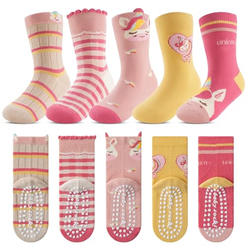 Kyopp 5 Paar Stoppersocken Kinder Baumwolle Socken Jungen Mädchen ABS Anti Rutsch Socken Tiermotive 25-37EU（ABS-Einhorn M）