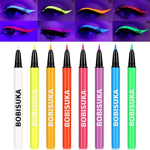 BOBISUKA UV Eyeliner Set 8 Farben Wasserfest - Matte Flüssiger Eyeliner Bunt - Glühender Eyeliner Wischfest, Langanhaltend, Hohe Farbwiedergabe und Einfache Anwendung