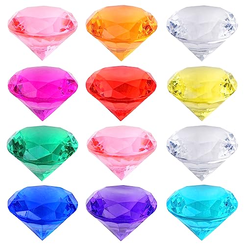 Acryl Kinder Diamant Edelsteine Bunt, 12 Stücke 40mm Groß Kunststoff Diamanten Deco, Acryl Diamanten Transparent Diamantkristalle fur Vasen, Tischdeko, Party Mitgebsel, Hochzeit