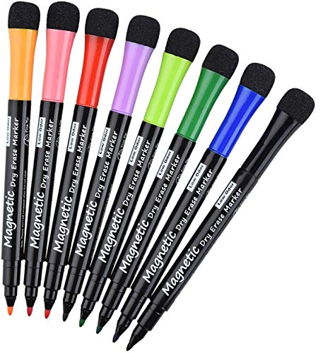 Willingood Whiteboard Marker, Magnetisch Whiteboard Schwamm mit Stifte, 2 in 1 Kreidemarker mit 8 Farben, Trocken Abwischbar, Rundspitze 1-2mm, Perfekt für Zuhause Schule Büro