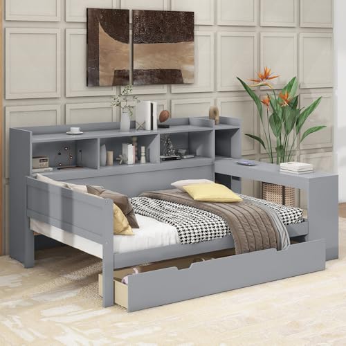 Dalred 90x200 cm Schlafsofa, Tagesbett, Nachttischablage und Untertischablage, Bett mit Steckdose und USB-Anschluss, 2 Schubladen, Schreibtisch, ohne Matratze, Spanplatte (Grau)