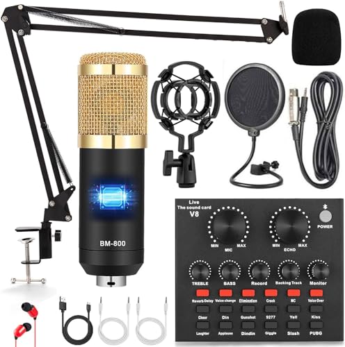 Podcast Mikrofon Bündeln, ALPOWL Audio-Interface mit All-in-One-Live-Soundkarte und BM-800-Kondensatormikrofon, perfekt für Aufnahme, Rundfunk, Live-Streaming, YouTube, TikTok (Gold)